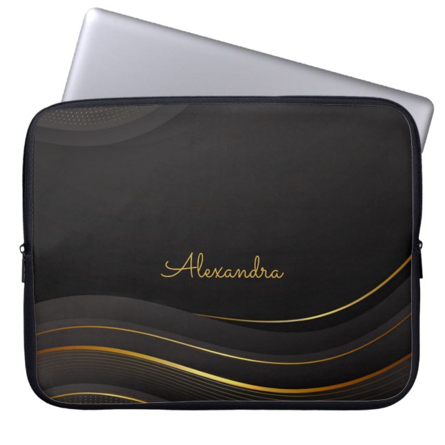 Elegant Dark-Gold Lines and Customisation Laptop Sleeve (Front)