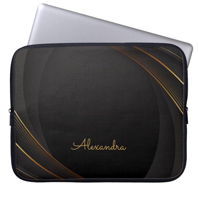 Elegant Dark-Gold Lines and Customisation Laptop Sleeve (Front)