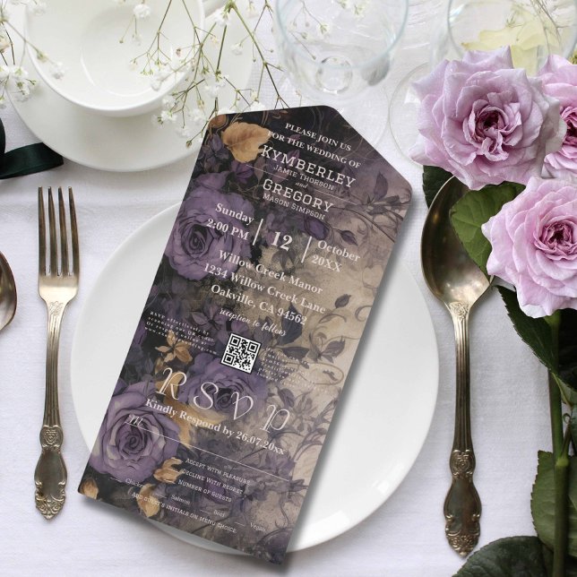 Elegant Dark Gothic Purple Rose QR Code All In One Invitation (Creator Uploaded)