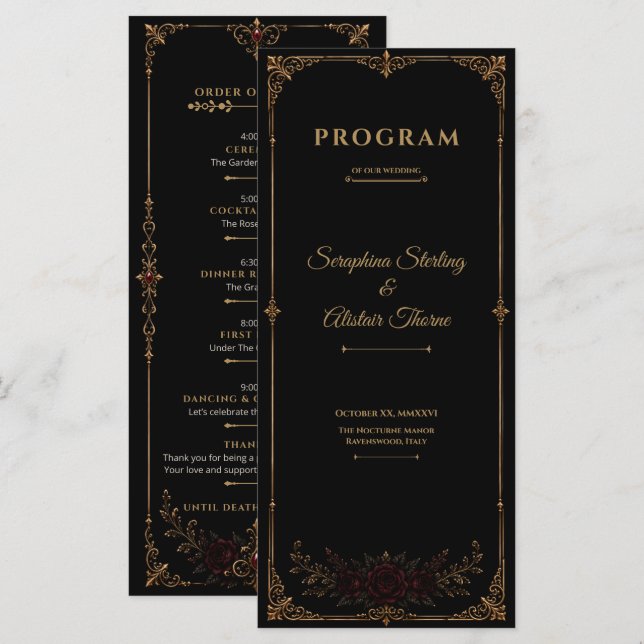 Elegant Dark Gothic Wedding Program Programme (Front/Back)