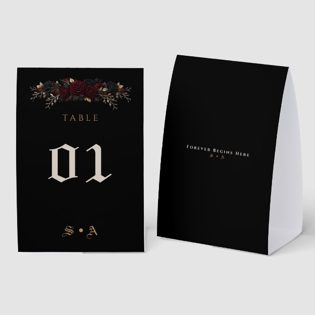 Elegant Dark Gothic Wedding Table Tent Sign (Front/Back)