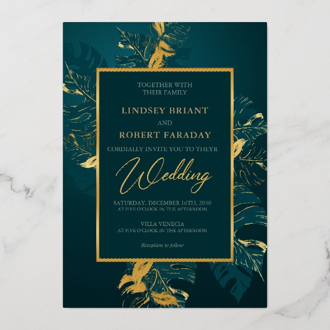 Elegant dark green and real gold foil wedding (Front)