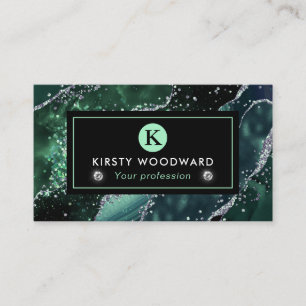 Elegant Dark Green and Silver Glitter Agate Business Card
