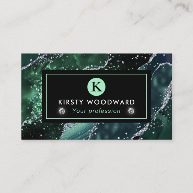 Elegant Dark Green and Silver Glitter Agate Business Card (Front)