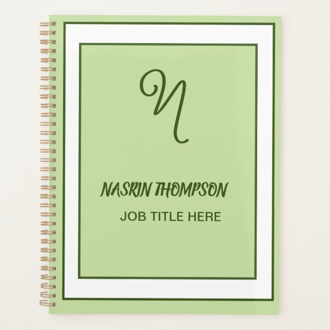 Elegant Dark Green Border Script Monogram Planner (Front)