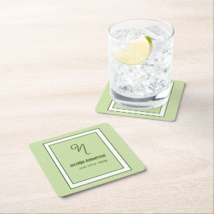 Elegant Dark Green Border Script Monogram Square Paper Coaster