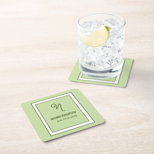 Elegant Dark Green Border Script Monogram Square Paper Coaster (Insitu)