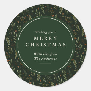 Elegant Dark Green Botanical Merry Christmas Gift Classic Round Sticker