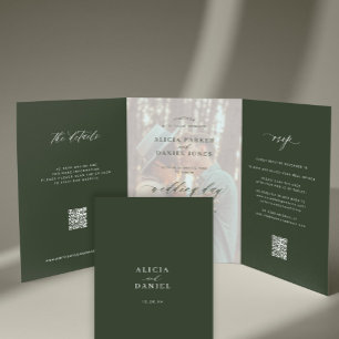 Elegant dark green classic photo wedding RSVP QR Tri-Fold Invitation