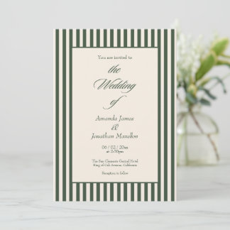 Elegant Dark Green Cream Vertical Stripes Wedding Invitation