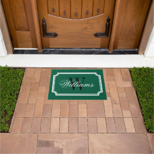 Elegant dark green family name monogram doormat