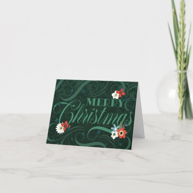 Elegant Dark Green Floral Merry Christmas Holiday Card (Front)