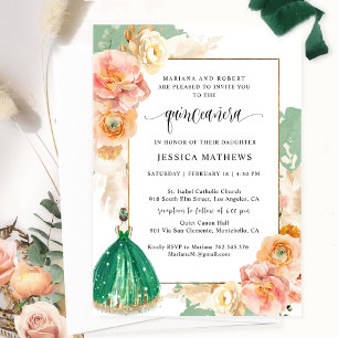 Elegant  Dark Green Floral Princess Quinceañera Invitation