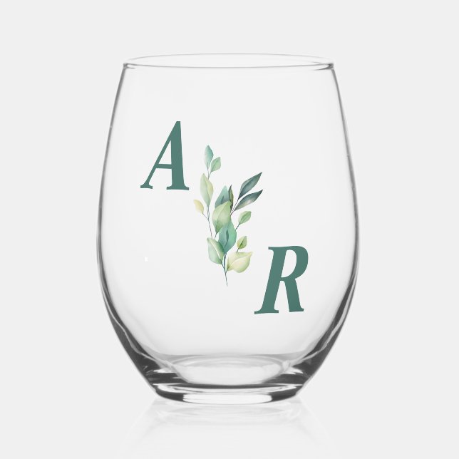Elegant Dark Green Floral Wedding Stemless Wine Glass (Front)
