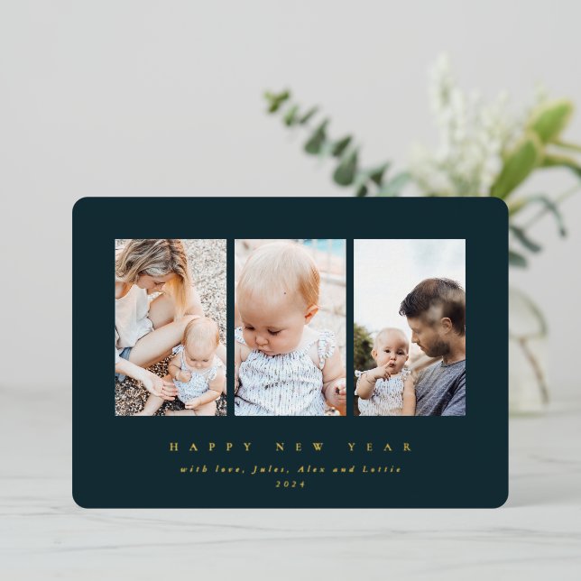 Elegant Dark Green Frame 3 Photo Happy New Year Foil Holiday Card (Standing Front)
