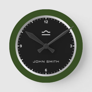 Elegant Dark Green Frame Zodiac Sign Name Custom Round Clock