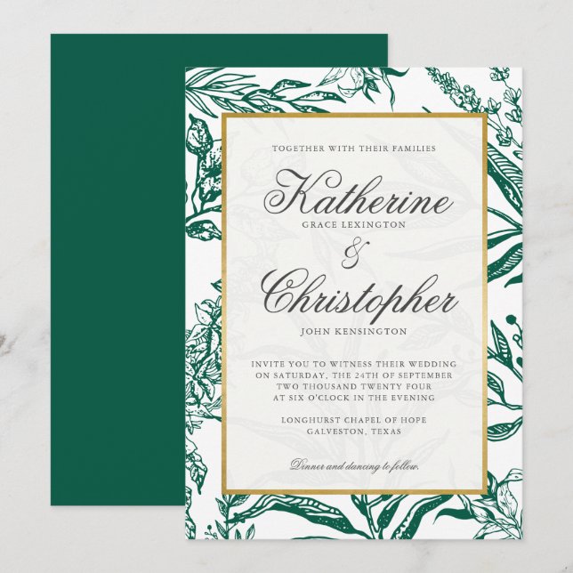 Elegant Dark Green Gold Botanical Wedding Invitation (Front/Back)