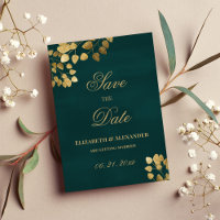 Elegant dark green gold eucalyptus Save the Date