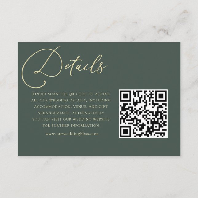 Elegant Dark Green & Gold QR Code Wedding Details Enclosure Card (Front)
