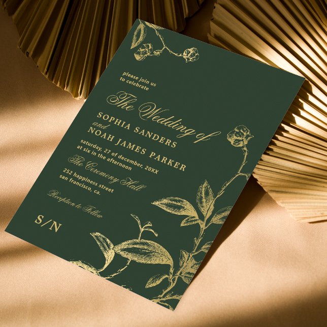 Elegant dark green gold vintage antique wedding invitation (Creator Uploaded)