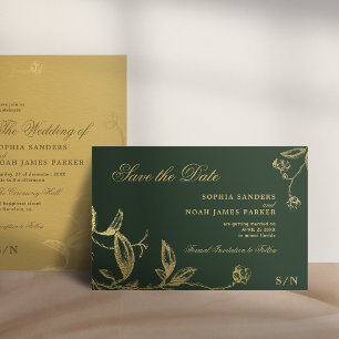 Elegant dark green gold vintage wedding save the date