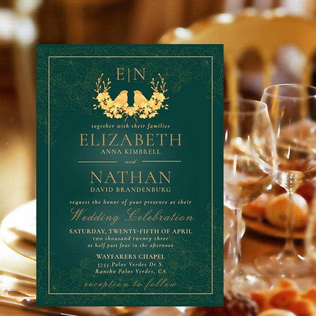 Elegant Dark Green Golden Birds Monogrammed Invitation (Creator Uploaded)