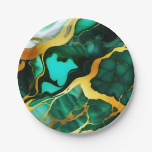 Elegant dark green golden yellow Faux Marble  Paper Plate