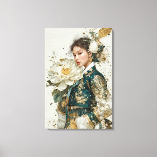 Elegant Dark Green Hanbok and White Peony Canvas Print