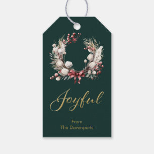 Elegant Dark Green Joyful Gold Script Holiday Gift Tags