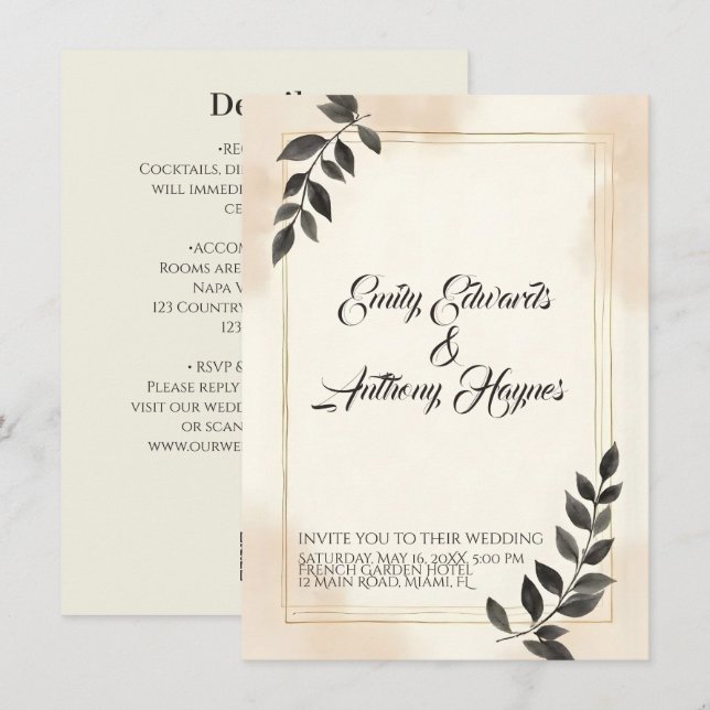 Elegant Dark Green Leaf Wedding Invitation (Front/Back)