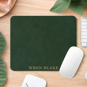 Elegant Dark Green Leather & Gold Script Name Mouse Mat