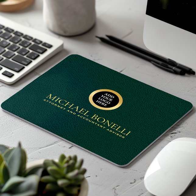 Elegant Dark Green Leather Luxury Gold ROUND Logo  Mouse Mat (Creator Uploaded)