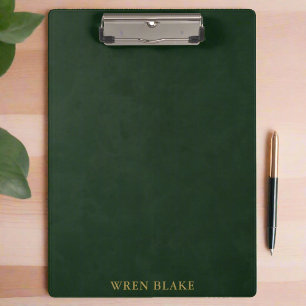 Elegant Dark Green Leather Texture & Gold Script Clipboard