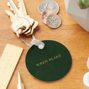 Elegant Dark Green Leather Texture & Gold Script Key Ring