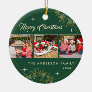 Elegant Dark Green Merry Christmas 3 Photo Collage Ceramic Tree Decoration