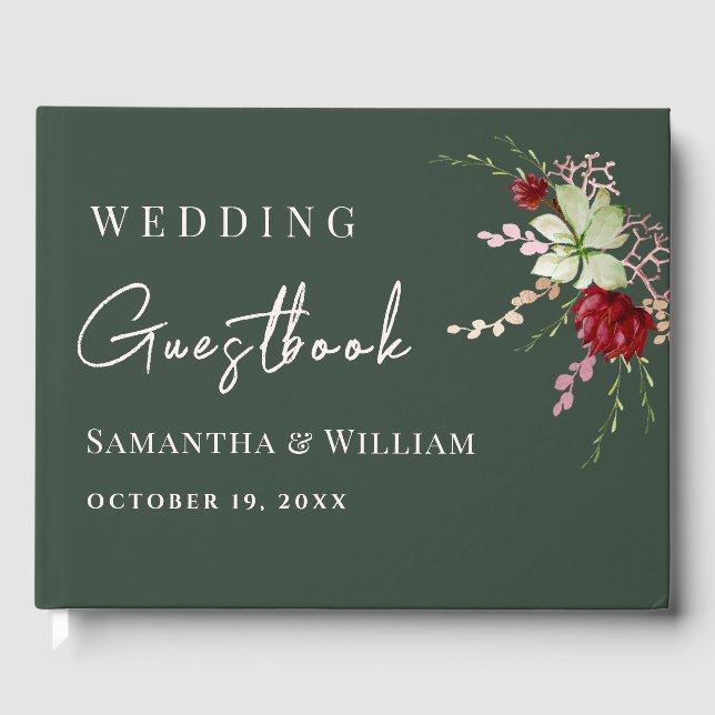 Elegant Dark Green Rustic Boho Wildflower Wedding Guest Book (Front)