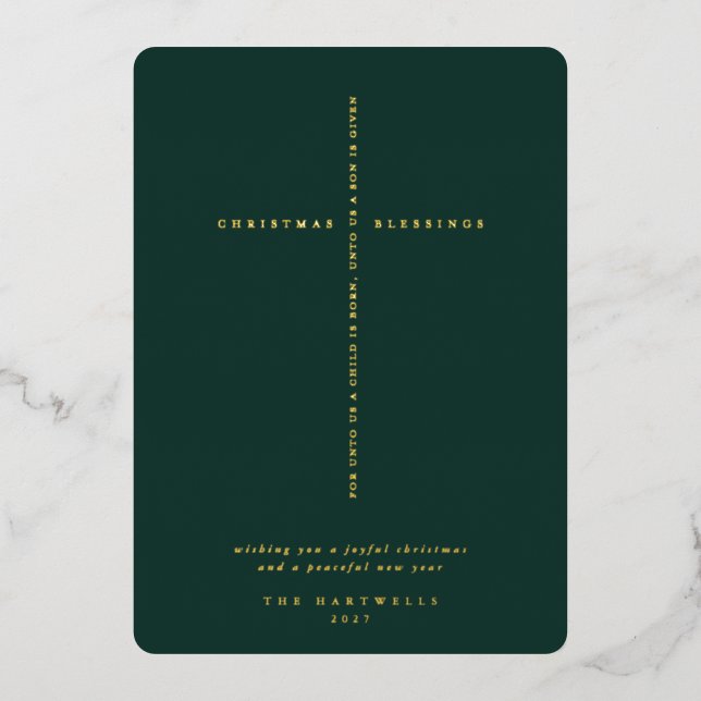 Elegant Dark Green Scripture Cross Foil Holiday Card (Front)