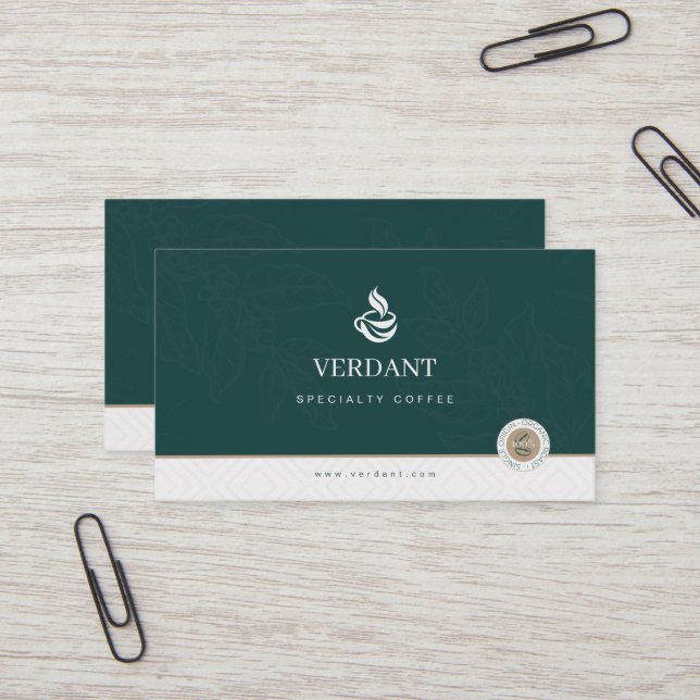 Elegant Dark Green Specialty Coffee business card (Front/Back In Situ)