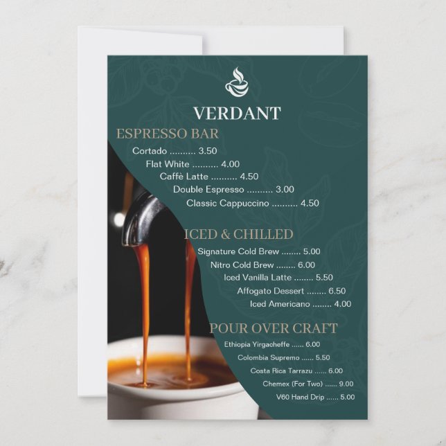 Elegant Dark Green Specialty Coffee Shop Menu Card (Front)