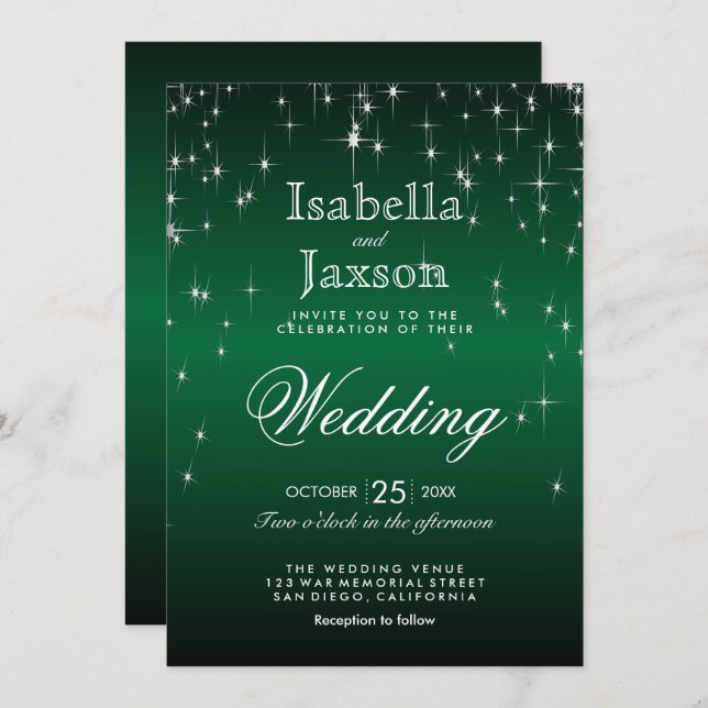 Elegant Dark Green Star Lights Wedding Invitation (Front/Back)