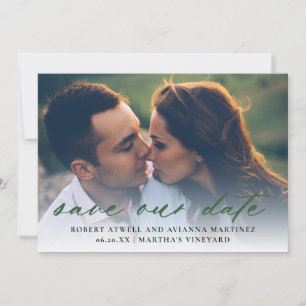 Elegant Dark Green Text Photo Wedding Save The Date