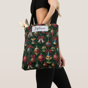 Elegant Dark Green Traditional Bauble Personalized Tote Bag