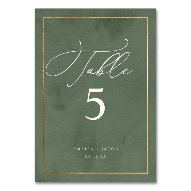 Elegant Dark Green Watercolor Wedding Script Table Number (Front)