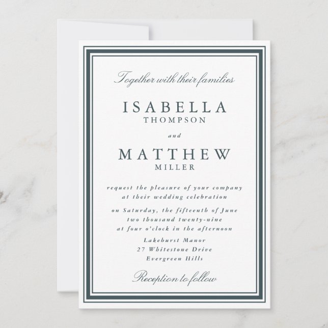 Elegant Dark Green Wedding Invitation with Border (Front)