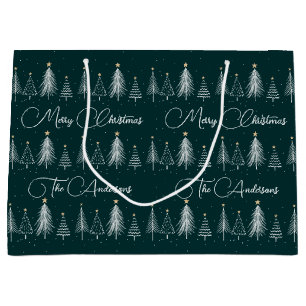 Elegant Dark Green White Pine Trees Christmas Large Gift Bag