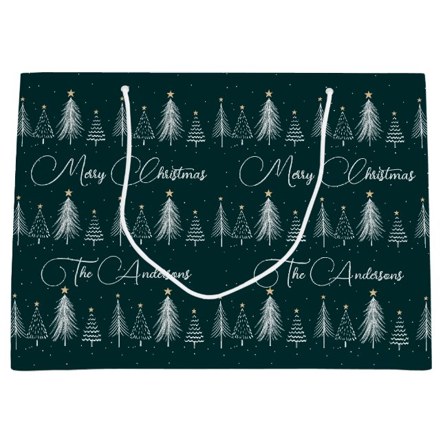 Elegant Dark Green White Pine Trees Christmas Large Gift Bag (Front)