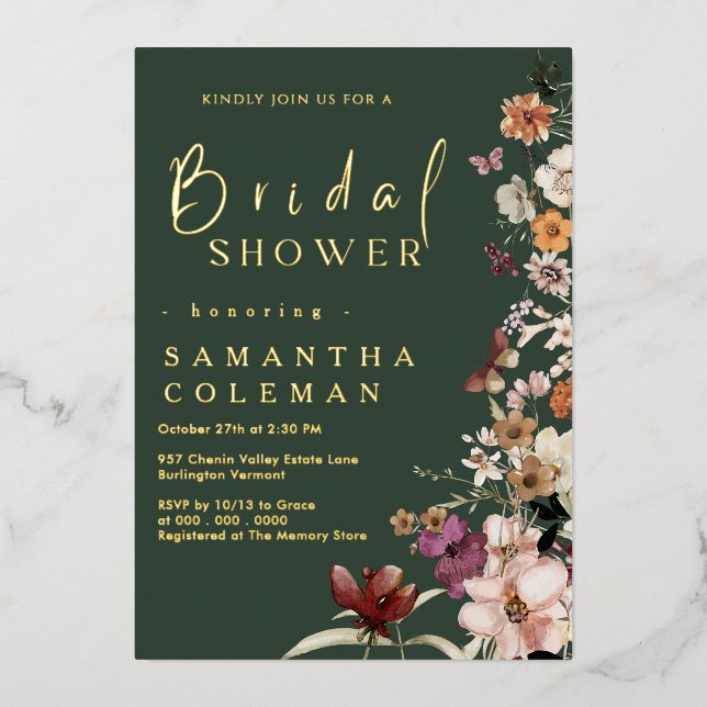 Elegant Dark Green Wildflower Boho Bridal Shower (Front)