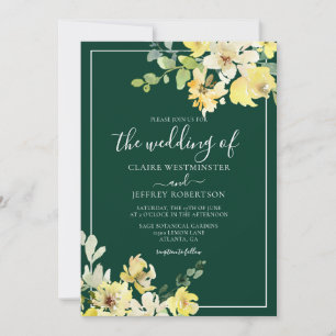 Elegant Dark Green Yellow Floral Garden Wedding Invitation