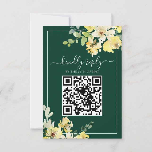 Elegant Dark Green Yellow Floral QR Code Wedding RSVP Card (Front)