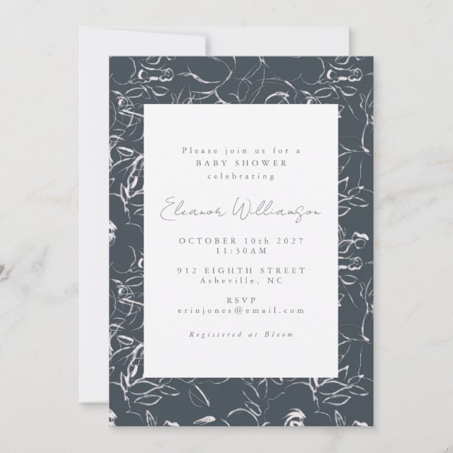 Elegant Dark Grey Botanical Flowers Baby Shower Invitation (Front)